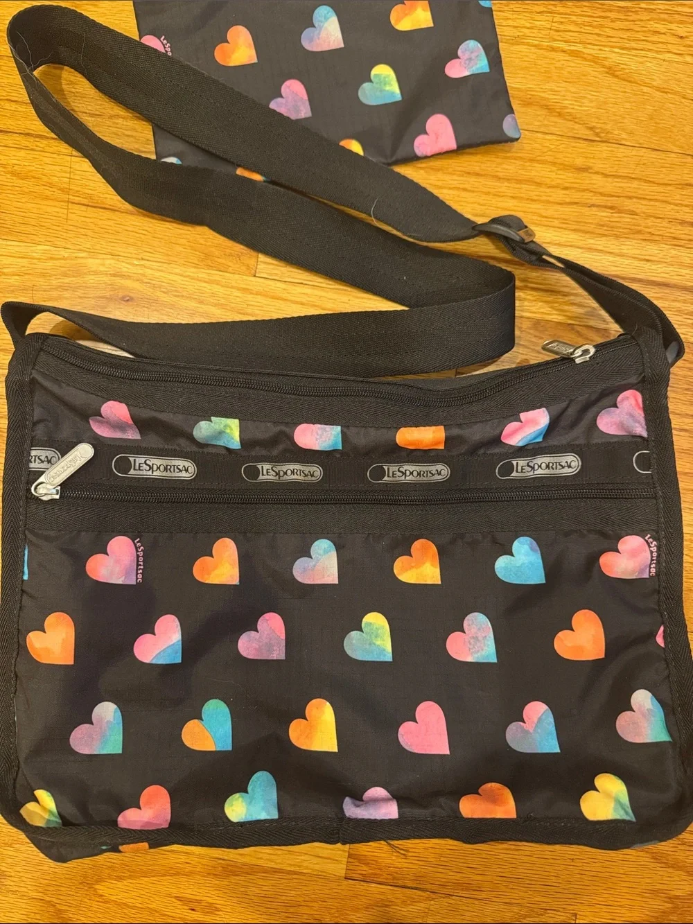 LeSportsac Black Crossbody Bag with Multicolor Heart Print - with matching pouch